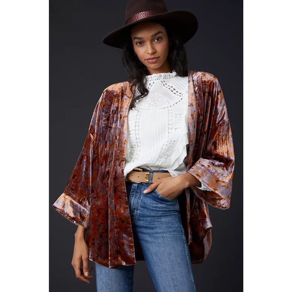 Anthropologie Velvet Kimono Jacket in Rust and purple xs - Picture 2 of 8